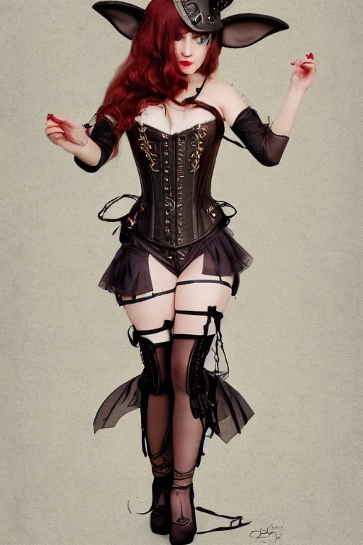 Prompt: a beautiful full body portrait of a woman with bunny ears, wearing steampunk leather corset and tulle tutu, 8k, romantic, artstation, manga girl, wlop, matte-painting