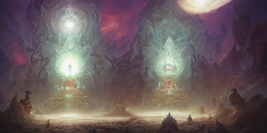 Prompt: Vajrayana Portal to the Damned Yokai Kingdom, the Temple of Fallen Stars, the ancient city of the Sleeping Terror, by Peter Mohrbacher