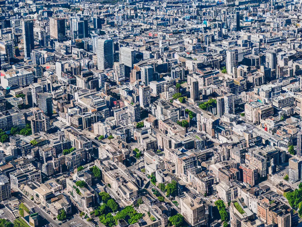 Prompt: drone view of a city with a large road down the centre, Brutalist architecture,sharp focus,telephoto lens 4k