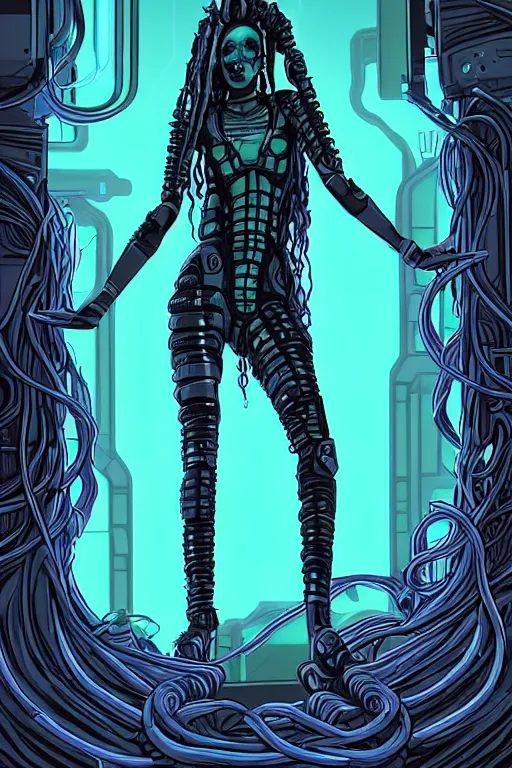 Prompt: A cinematic surreal smooth matte digital art illustration in the style of a sci-fi RPG comic book cover of a perfectly-centered hyperdetailed symmetrical portrait of a cyberpunk fierce Medusa in a long cosmic lovecraftian dress. Her hair is made of large ravepunk snakes. She's next to otherworldly towers in a sci-fi bionic landscape, 3D rim light, masterpiece, Gsociety, artstation