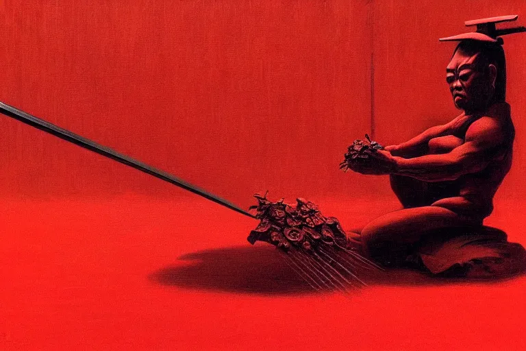 Image similar to only with red, a red samurai do seppuku, tokio, a lot of frogs watch, in the style of beksinski, parts by edward hopper, parts by rodcenko, parts by yue minjun, intricate and epic composition, red by caravaggio, insanely quality, highly detailed, masterpiece, red light, artstation, 4 k