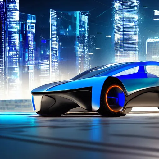 Prompt: A futuristic blue car from 2050, cyberpunk, night