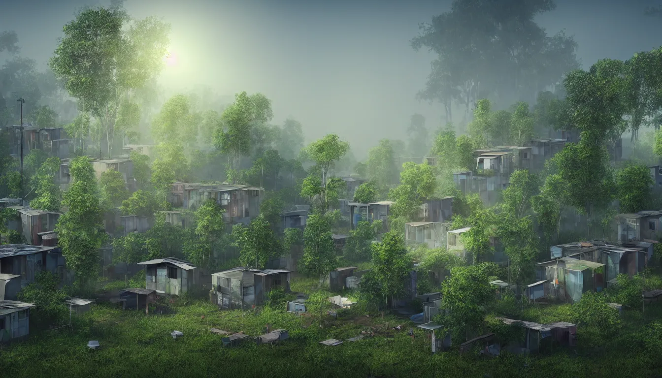 Prompt: Slum housing emerging form a forest landscape, volumetric light , full colour ,4k