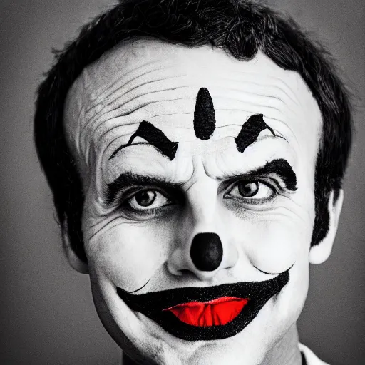 Image similar to portrait of macron as a clown, symmetrical, nikon 3 5 mm photography, ultrarealistic