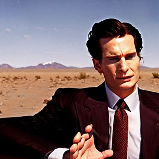 Prompt: patrick bateman in the mojave wasteland