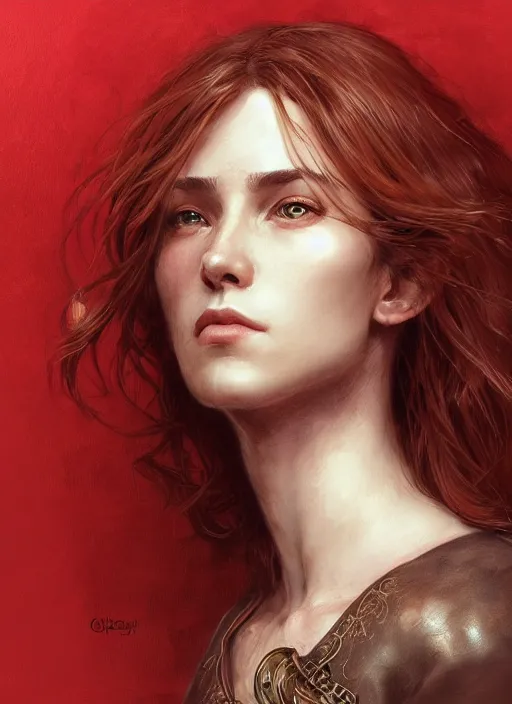 Image similar to portrait of a ruggedly handsome female cleric, soft hair, close - up face, leather, witchy, d & d, fantasy, intricate, elegant, highly detailed, digital painting, artstation, concept art, smooth, sharp focus, illustration, art by artgerm and greg rutkowski and alphonse mucha, plain red background