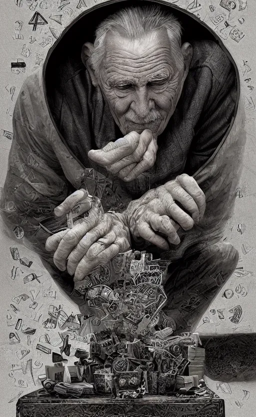 Image similar to old man doing hard work, do what we can, then leave it to god, d & d, non - fiction, intricate, elegant, highly detailed, digital painting, dynamic position, positive message, concept art, intricate, sharp focus, illustration, art by robin eley, paul lung, samuel silva