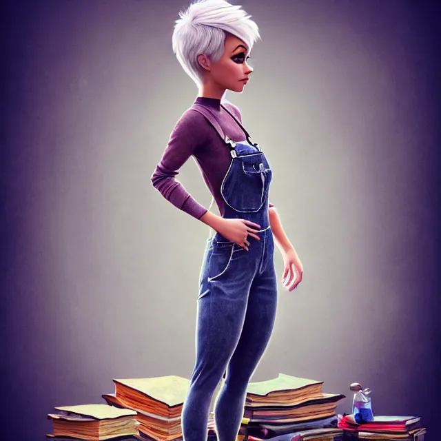 Image similar to full body pose, beautiful adult fairy, pixar, short white hair shaved sides, dirty, grungy, grunge, long sleeve, painted overalls, stacks of giant books, highly detailed, 4 k, hdr, smooth, sharp focus, high resolution, award - winning photo, artgerm, photorealistic