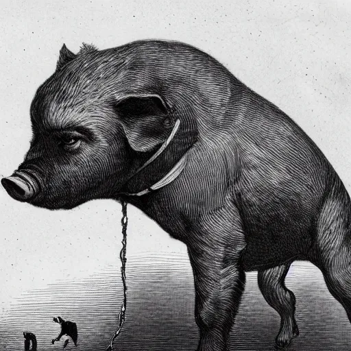 Image similar to a gentleman pig in a tuxedo, leading wild dogs on a leash, creepy, chiaroscuro, dark night, illustration by Gustave Doré,