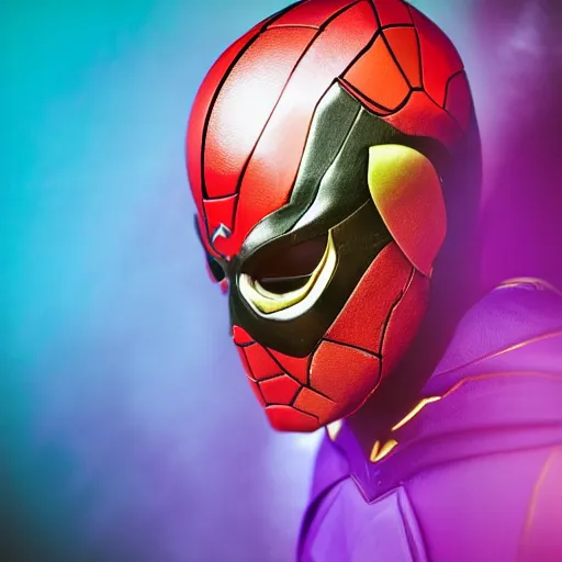 Prompt: a detailed portrait photo of a rainbow themed super hero, super hero costume, super hero mask, cinematic shot, marvel, dc,