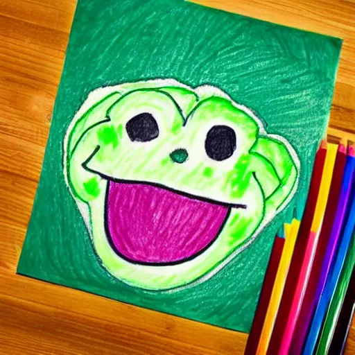 Prompt: a children's drawing of a smiling happy broccoli, he is dancing, vivid bright colors, color pencils are scattered around on the paper