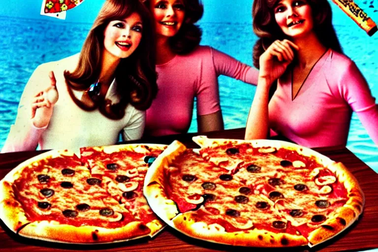 Image similar to 70s, angels, pizza, advertisement