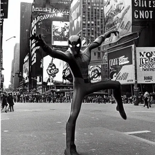 Prompt: photo of spider-man in times square, 1950s black and white