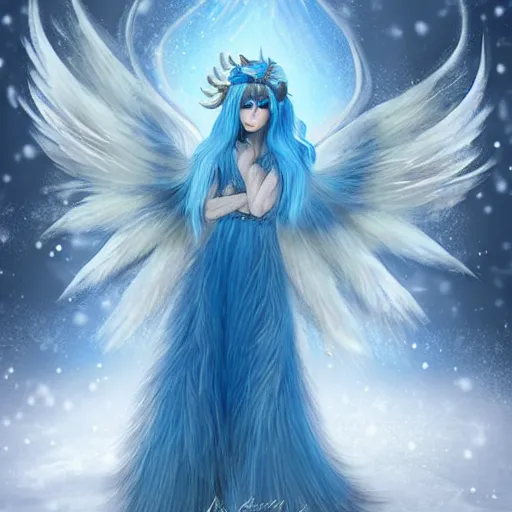 Prompt: a beautiful winter fairy with blue hair, snow, fur wings, fantasy, realism, pretty, trending on artstation