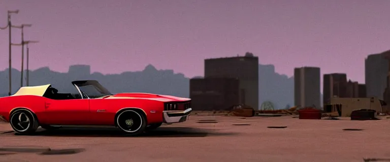 Image similar to Ermine White Chevrolet Camaro Z28 Convertible (1967), red interior, a gritty neo-noir, dramatic bright lighting, cinematic, establishing shot, extremely high detail, photorealistic, cinematic lighting, artstation, by simon stalenhag, Max Payne (PC) (2001)