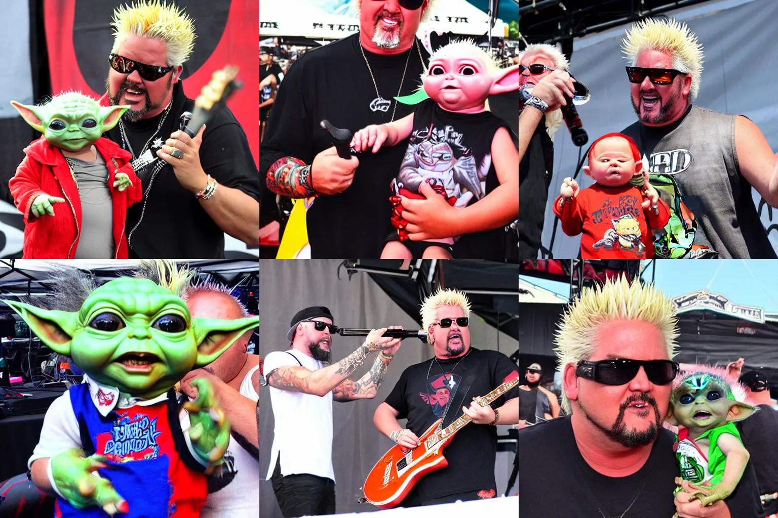 Image similar to guy fieri and baby yoda duet at warped tour