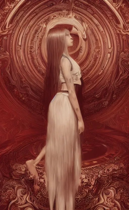 Image similar to full body shot of a young girl with blond twin tail hair and red eyes standing in front of a white wall, intricate details, eerie, highly detailed, photorealistic, octane render, 8 k, unreal engine, art by artgerm and greg rutkowski and alphonse mucha