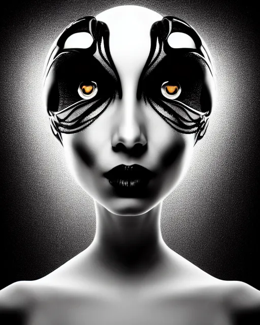 Image similar to surreal mythical dreamy dark artistic black and white fine art 3 / 4 fashion portrait photo of a young beautiful delicate female robot with orchid - owl face, rim light, cinematic, studio dramatic light, poetic, masterpiece, octane render, 8 k, photo - realistic by hg giger and man ray