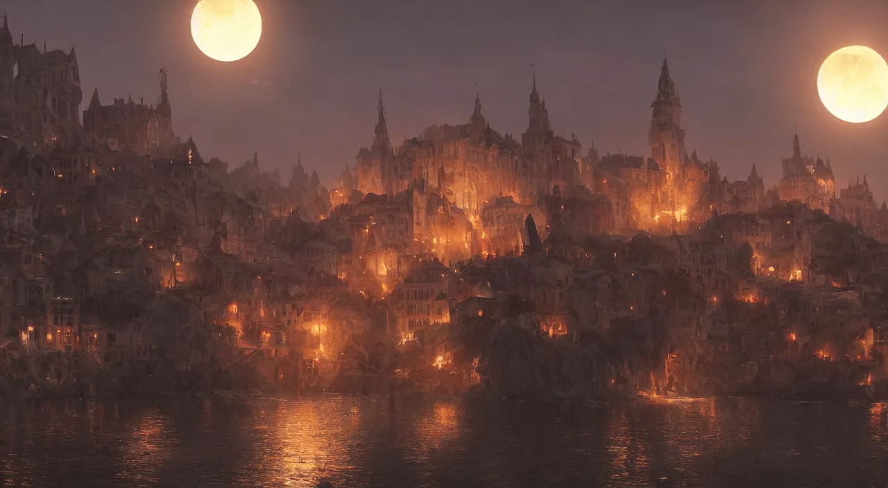 Prompt: A medieval city by the sea., A huge red moon shines over the earth.highly realistic, hyper detailed,cinematic,4k,digital art,unreal engine 5,by Greg Rutkowski and gustav doré