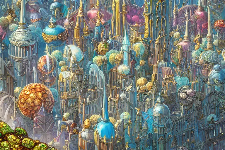 Image similar to Detailed render of Fantasy City built from White Domes by Michael Whelan and Benjamin Lacombe and Megan Duncanson, super details, colorful, ornate background, intricate details