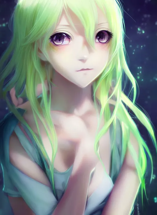 Image similar to very cute and beautiful anime girl portrait with highly detailed green eyes and pastel yellow hair, in modern anime style, made by ross tran, wlop, laica chrose
