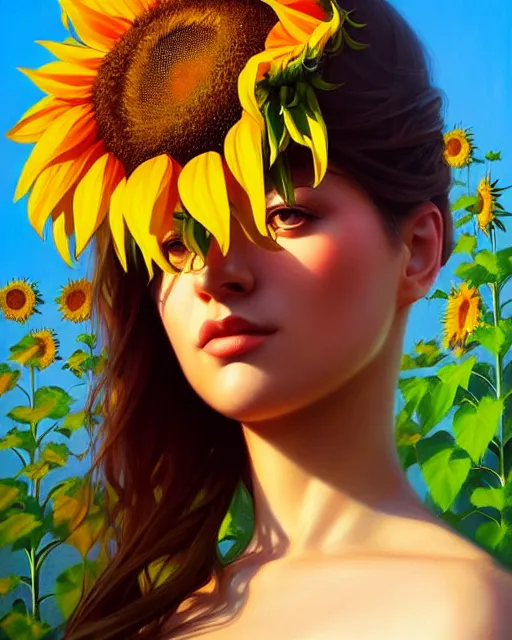 Prompt: stylized portrait of an artistic pose, composition, young lady sorrounded by nature, sunflowers, realistic shaded, fine details, realistic shaded lighting poster by ilya kuvshinov, magali villeneuve, artgerm, jeremy lipkin and michael garmash and rob rey