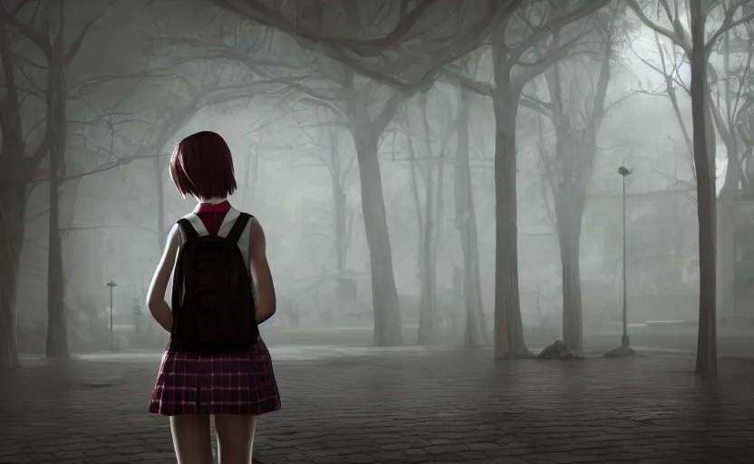 Image similar to school girl looking at the aky, gloomy and foggy atmosphere, octane render, cgsociety, artstation trending, horror scene, highly detailded