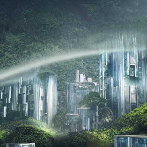 Image similar to an expansive view of a futuristic containment building in a rainforest valley with a futuristic city in the distance, tropical, national geographic, hyper realistic, 4 k, hazy light