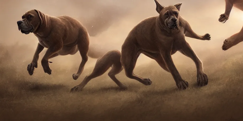 Prompt: a boerboel mastiff running, chasing a kangaroo, detailed, intricate, by jessica rossier
