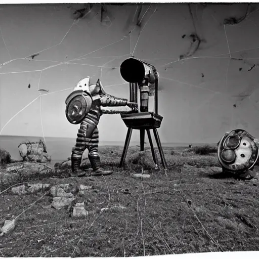 Image similar to wide angle photo of viking wearing space suit helmet and viking armor working on the antigravity gun ancient device, tools and junk on the ground,wires and lights, old village in the distance, vintage old photo, black and white, sepia