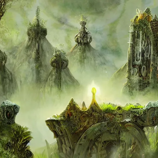 Image similar to ancient overgrown ruins, medieval gates, runestones, nostlagia, mysetrious etherial mesmerizing runic cat eyes, magical elven geometry, floating islands, hyper detailed, realistic