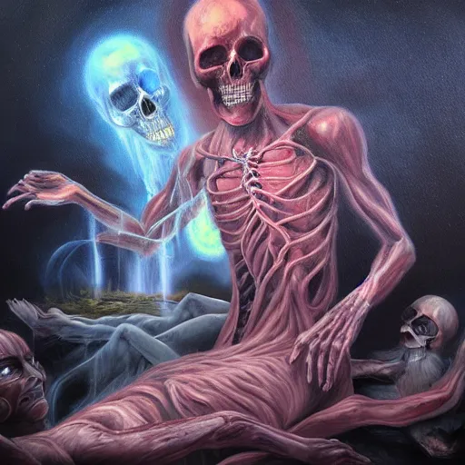 Image similar to brining healing to the underworld astral realm death journey in oil painting, trending on artstation, award winning, emotional, highly detailed dark surrealist art