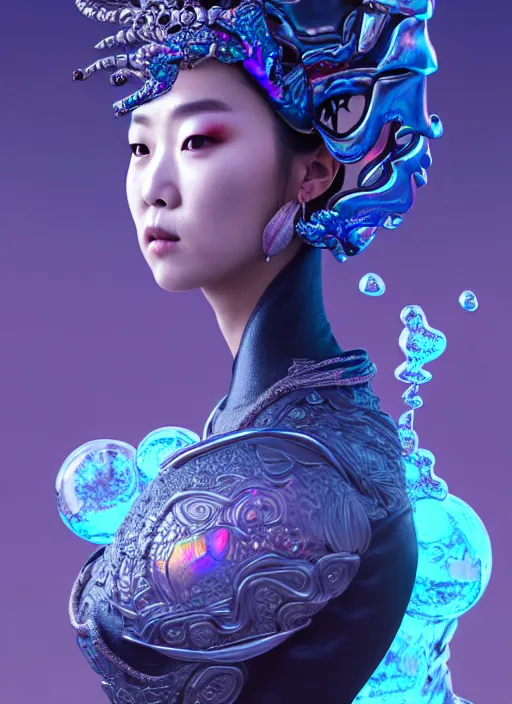 Prompt: 3 d goddess waist shot portrait. beautiful intricate highly detailed korean dokkaebi skull and traditional korean hanbok. elegant stingray, magpie, iridescent, plasma, lava, ice, water, wind, creature, volumetric lighting, twilight forest background, artwork by tooth wu and wlop and beeple and greg rutkowski, 8 k trending on artstation,