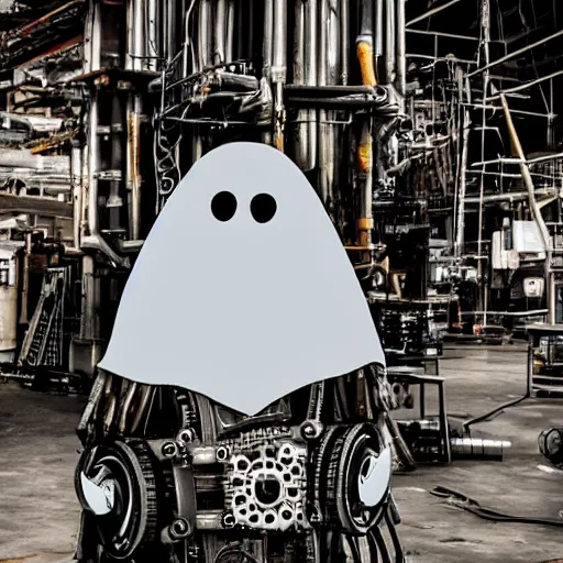 Image similar to a ghost surrounded in mechanical devices and metal sheets