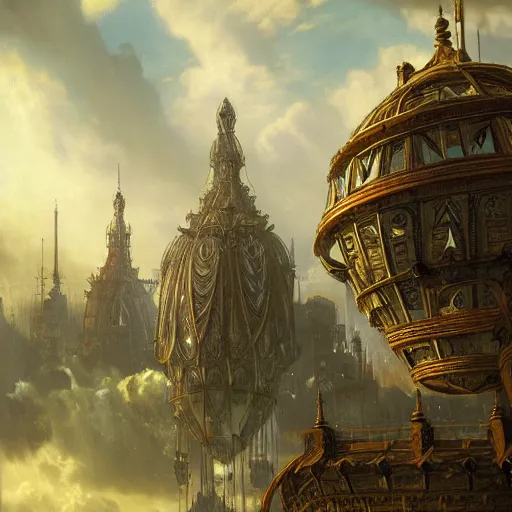 Image similar to enormous flying city in a faberge egg, sky, steampunk, fantasy art, masterpiece, hugh ferriss, unreal engine, andreas achenbach cloudy background, latticework