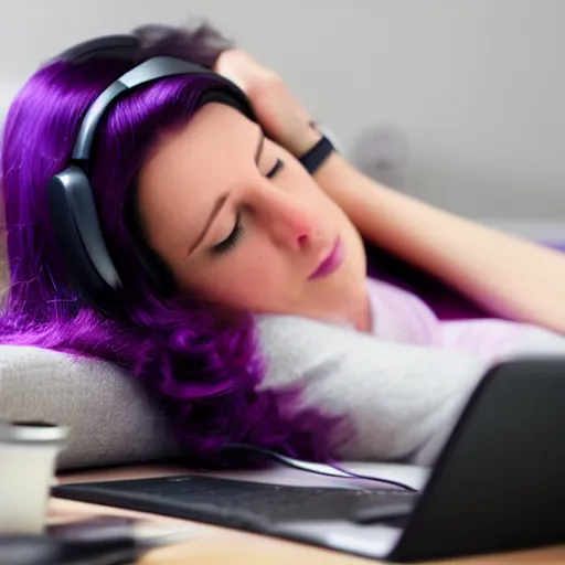 Image similar to beautiful purple - haired female sleeping at desktop computer, wearing headphones, snoring, stylized