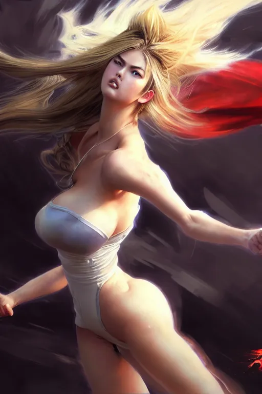 Image similar to Tekken 4 fighter anime Stunning Portrait Kate Upton fighting with long black dress by Greg Rutkowski, blonde long hair, in a fighting stance, A man attacks super speed, digital painting, artstation, concept art, soft light, hdri, smooth, sharp focus, illustration, art by tian zi, craig mullins, Mark Arian, WLOP, alphonse mucha