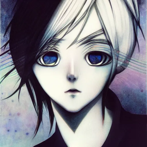 Image similar to Yoshitaka Amano realistic illustration of an anime girl with short white hair and black eyes wearing tuxedo, abstract black and white background, film grain effect, highly detailed, Renaissance oil painting