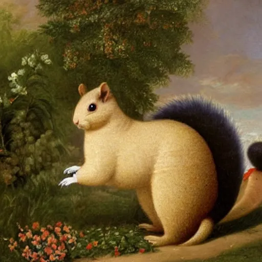 Image similar to a giant fluffy squirrel carrying napoleon bonaparte on its back, beach scene with flowers and foliage, detailed oil painting
