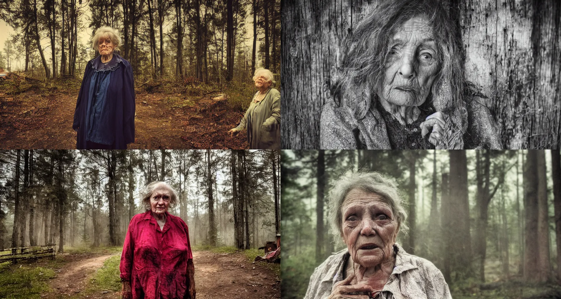 Prompt: portrait of an old woman with sinister face and dirty clothes standing outside of an old cabin, forrest in the background, bokeh, depth of field, moody, utopian looking, 80s, realistic, dramatic lighting, cinematic, vivid colors, matte painting