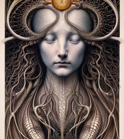 Image similar to detailed realistic beautiful anodized goddess face portrait by jean delville, gustave dore, iris van herpen and marco mazzoni, art forms of nature by ernst haeckel, art nouveau, symbolist, visionary, gothic, neo - gothic, pre - raphaelite, fractal lace, intricate alien botanicals, biodiversity, surreality, hyperdetailed ultrasharp octane render