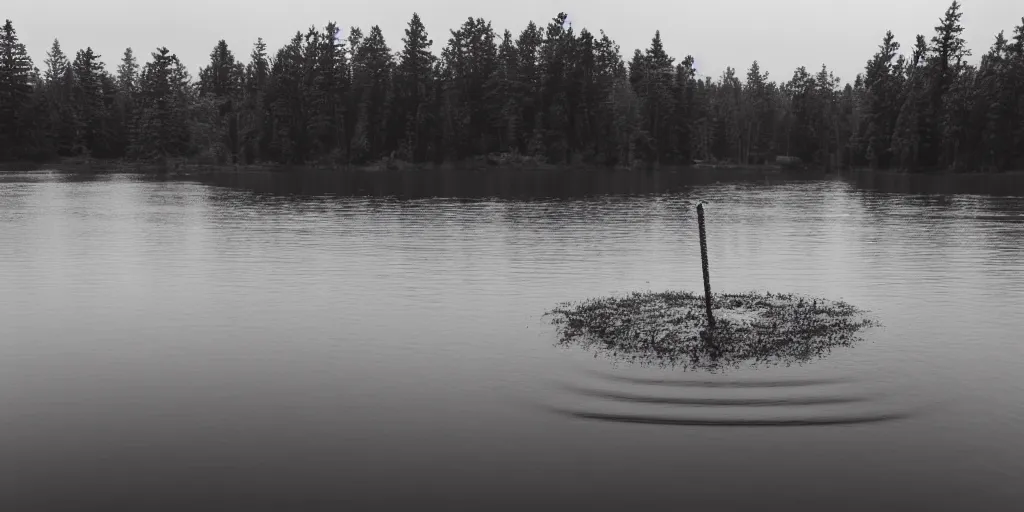 Image similar to centered photograph of a long rope zig zagging across the surface of the water, floating submerged rope stretching out towards the center of the lake, a dark lake on a cloudy day, color film, trees in the background, hyperedetailed photo, moody volumetric, anamorphic lens