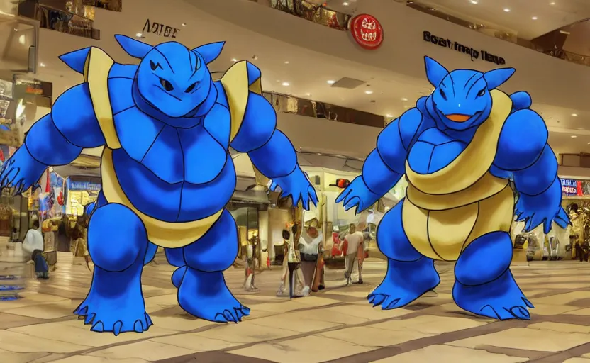 Prompt: blastoise at the shopping mall, pokemon art, perfect shading, detailed, 4 k