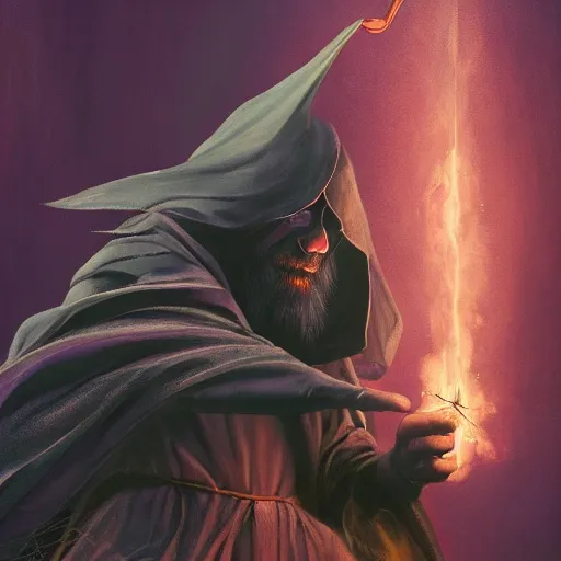 Image similar to a beautiful panting of a dark wizard casting a spell, alchemist lab, hyperrealistic, cinematic atmosphere, epic, artstation, moebius