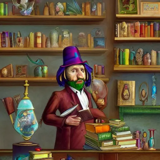 Image similar to Anthropomorphized parrot trader in his shop, shelves full, books, selling a gem, portrait, items, magic potions, carpet, window, fancy funny hat, sly expression , cunning expression, cute expression, presenting magic gem, D&D, fantasy, cinematic lighting, highly detailed, digital painting, artstation, concept art, smooth, sharp focus, illustration, warm light, cozy warm tint, magic the gathering artwork, volumetric lighting, 8k, no gold, no gold colours, art by Akihiko Yoshida, Greg Rutkowski