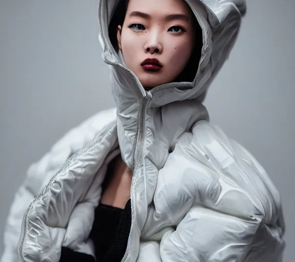 Image similar to well lit fashion shoot portrait of extremely beautiful female marble statue wearing huge over size puffer jacket by dingyun zhang, yeezy, balenciaga, vetements, a cold wall, sharp focus, clear, detailed,, cinematic, detailed, off white, glamourous, symmetrical, vogue, editorial, fashion, magazine shoot, glossy