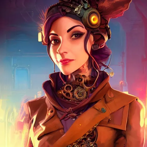 Prompt: female steampunk portrait, maya ali mage, gloomhaven, dynamic lighting, gaudy colors, octane render aesthetic, matte painting concept art, official fanart behance hd artstation by jesper ejsing, by rhads and makoto shinkai and lois van baarle and ilya kuvshinov and rossdraws