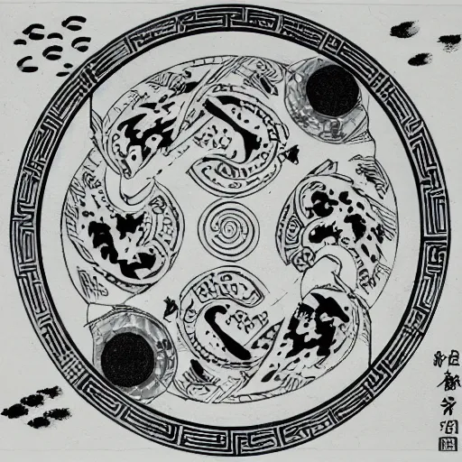 Prompt: a battle tank heavy armor blasting with yin - yang black and white symbol daoist paint, in a cosmic field