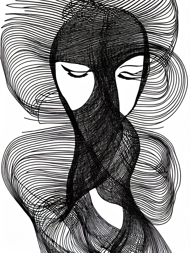 Prompt: elegant minimalist metal wire art of symmetrical and emotional dramatic female facial features and body silhouette, special curves, unusual twirls and funky spirals