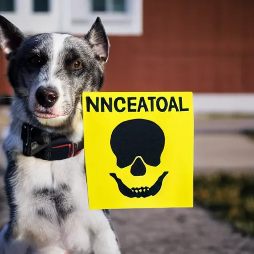 Prompt: professional photo of a dog holding a sign with a nuclear radiation warning on it skull and crossbones yellow three triangles